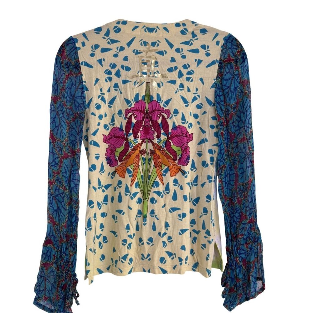 Paola Poggi Italy Womens Y2K Beaded Floral Print Sheer Long Sleeve Top Size 34 - Picture 2 of 7